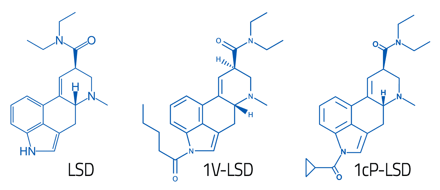 1d-lsd vs 1v-lsd vs lad vergleich moleküle molekulare strukturformel