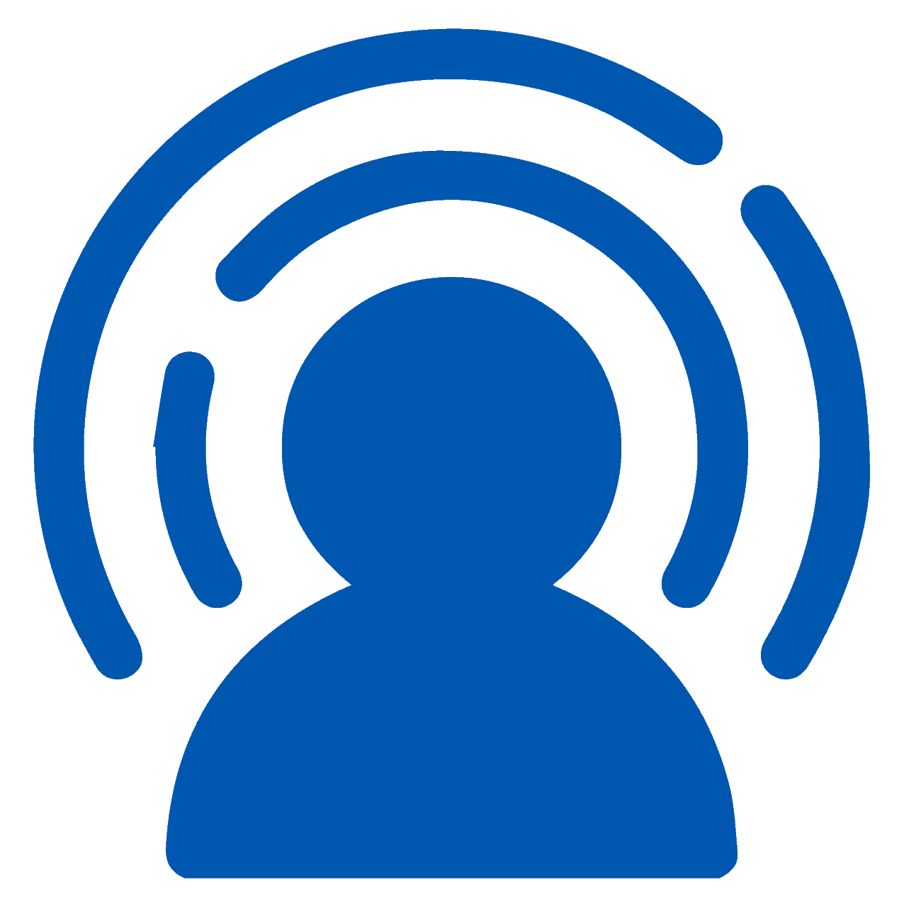 Blaues Symbol einer Person mit konzentrischen Bögen um den Kopf, das Kommunikation oder ein Signal darstellt.