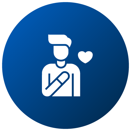 Symbol einer Person mit einer Hand auf der Brust und einem Herzsymbol daneben, auf einem blauen, kreisförmigen Hintergrund.