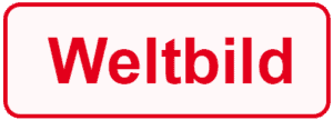 Roter „Weltbild“-Text in Fettschrift auf weißem Hintergrund mit rotem Rand.