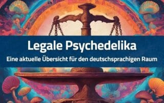 Waage mit Pilzen und bunten Mustern, Text: „Legale Psychedelika: Eine aktuelle Übersicht für den deutschsprachigen Raum“.