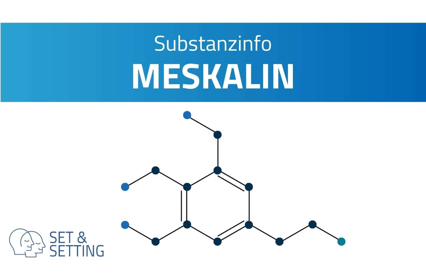 Molekülstruktur (1) Diagramm des Meskalin-Moleküls mit dem Text „Substanzinfo Meskalin“ und dem Set & Setting-Logo.