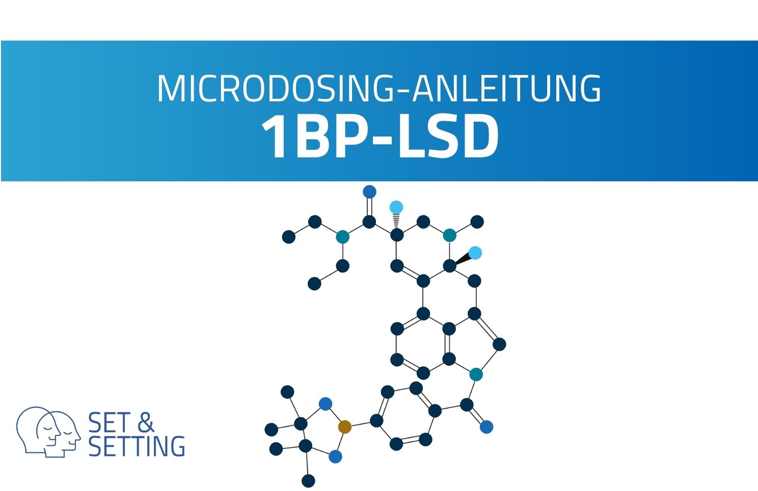 1BP-LSD Microdosing: Blog-Artikel-Banner Schema des 1B-LSD-Moleküls mit dem Text "Microdosing-Anleitung 1BP-LSD" und dem "SET & SETTING"-Logo.